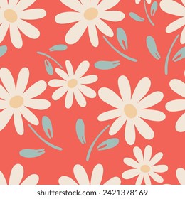 Camomile flat design groovy flowers seamless pattern