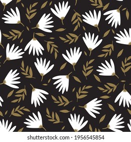 Camomile flower bud patten on a darkbackground.Nature art. Vintage style hand drawn doodles of white Chamomile flowers buds. Minimlist style patten for any design purposes