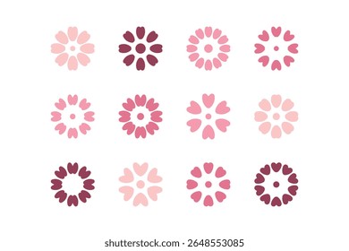 Camomile flower design element. Set of 12 geometric shape for label. Modern linear design emblem.