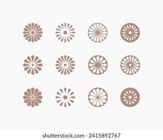 Camomile flower emblem. Set of 12 geometric circle shape. Modern linear design emblem.  Modern abstract linear compositions and graphic design elements.