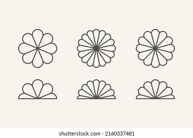 Camomile flower emblem. Set of 6 geometric shape. Modern linear design emblem.  Modern abstract linear compositions and graphic design elements.