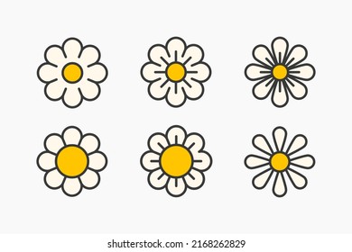 Camomile flower emblem. Set of 6 geometric shape. Modern linear design emblem.  Modern abstract linear compositions and graphic design elements.