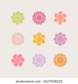 Camomile flower emblem. Set of 9 geometric shape. Modern abstract linear compositions and graphic design elements.