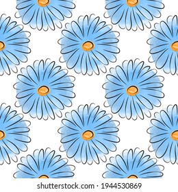 Camomile flower seamless pattern for summer dress fabric print. Girlish design with chamomile vector flower illustration. Floral seamless pattern in blue orange white colors. Watercolor imitation.