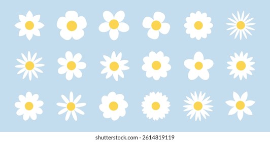Camomile flower set. Minimal daisy collection on soft blue background. Simple floral vector elements. Clean and delicate design for spring and summer nature themes.