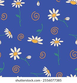 Camomile Flower Spiral Vector Seamless Pattern illustration for Print, Wallpaper, Decoration.