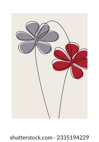 Camomile flower vector poster. Hand drawn botanical illustration. Line continuous drawing. Graphic design, botanical print, beauty branding card, floral background, logo, brochure. Minimal wallpaper.