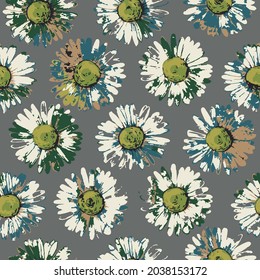 Camomile flowers seamless pattern. Seamless pattern with abstract colorful flowers on grey background.