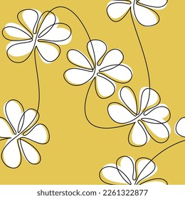 Camomile flowers seamless pattern. Abstract floral line continuous vector illustration. Botanical outline backdrop. Wallpaper, background, fabric textile print, wrapping paper, package design.