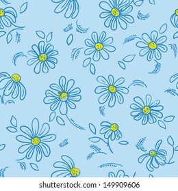 Camomile flowers seamless vector pattern. Hand drawn sketch on light blue background. 