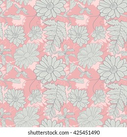 Camomile hand-drawn seamless pattern. Vector illustration for textile, surface, web, mobile and print. Grey flower on pink background.