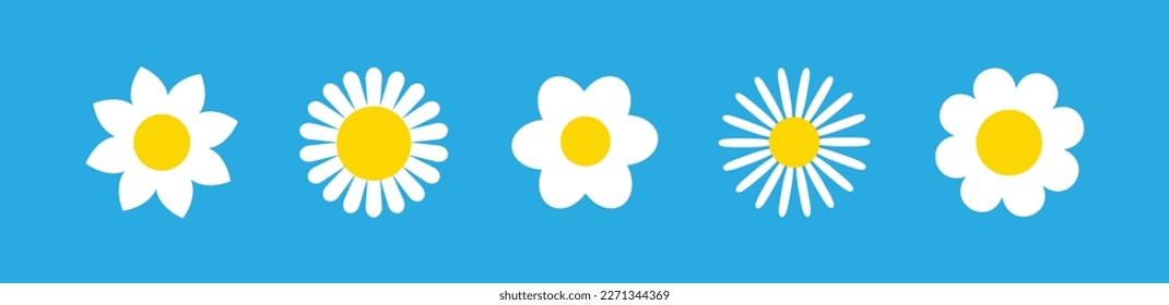 Camomile icon set. White daisy chamomile. Cute round flower plant collection. Growing concept. Love card symbol. Flat design. Green background. Isolated. Vector illustration 10 eps.