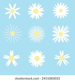 Camomile icon set. White daisy chamomile. Cute round flower plant collection. Growing concept. Love card symbol. Flat design.sky blue background  Isolated.