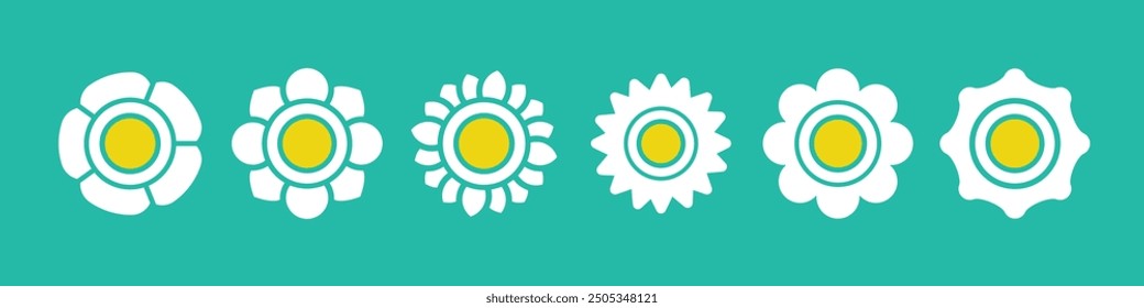 Camomile icon set. White daisy chamomile. Cute round flower plant collection. Growing concept. Decoration element. Flat design. Green background. Isolated.