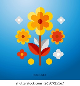 Conjunto de iconos de manzanilla. Manzanilla blanca. Linda colección de planta de flores redondas. 
Concepto creciente. Símbolo de la tarjeta de amor. Diseño plano. Fondo verde