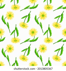 Camomile with leaves seamless pattern. Floral watercolor art.
