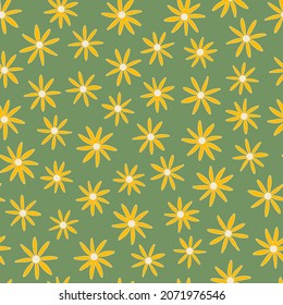 Camomile millefleurs seamless repeat pattern. Random placed, vector retro ditsy daisy flowers all over surface print on sage green background.