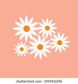 The camomile plant icon. Lots of daisies. Natural floral element of the design of postcards, posters, greetings. Isolated on a light background. Doodle vector illustration