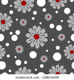 Camomile seamless pattern with circles on gray background