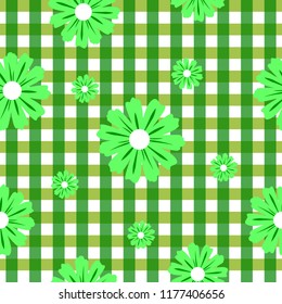 Camomile seamless pattern on green squared background
