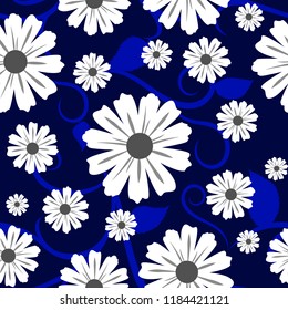 Camomile seamless pattern with ornaments on blue background