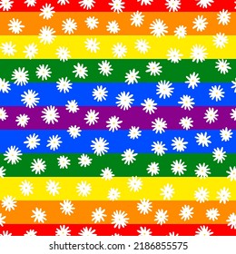 Camomile seamless vector pattern. Hand-drawn white flowers with yellow centers on rainbow striped background. Botanical ornament. Cute plant illustration for wallpaper, wrapping paper, clothing, print