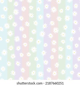Camomile seamless vector pattern. Hand-drawn white flowers with yellow centers on light striped background. Botanical ornament. Cute plant illustration for wallpaper, wrapping paper, clothing, print
