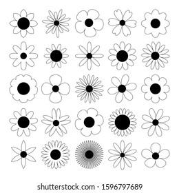 Camomile set. Black daisy chamomile silhouette shape icon. Cute round flower plant nature collection. Love symbol. Growing concept. Decoration element. Flat design. White background. Isolated. Vector