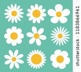 Camomile set. White daisy chamomile icon. Cute round flower plant collection. Love card symbol. Growing concept. Flat design. Green background. Isolated. Vector illustration