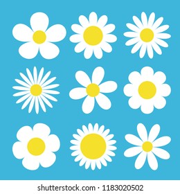 Camomile set. White daisy chamomile icon. Cute round flower plant collection. Love card symbol. Growing concept. Flat design. Blue background. Isolated. Vector illustration