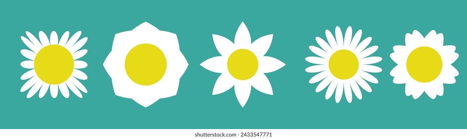 Juego de manzanilla. Icono de manzanilla margarita blanca. Linda colección de plantas de flores redondas. Símbolo de tarjeta de amor. Concepto creciente. Diseño plano. Fondo verde. Aislado. Ilustración de vector