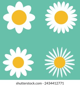 Juego de manzanilla. Icono de manzanilla margarita blanca. Linda colección de plantas de flores redondas. Símbolo de tarjeta de amor. Concepto creciente. Diseño plano. Fondo verde. Ilustración vectorial. Archivo Eps 99.