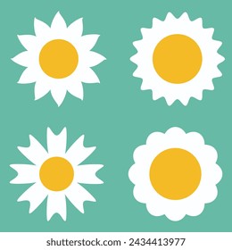 Juego de manzanilla. Icono de manzanilla margarita blanca. Linda colección de plantas de flores redondas. Símbolo de tarjeta de amor. Concepto creciente. Diseño plano. Fondo verde. Ilustración vectorial. Archivo Eps 102.