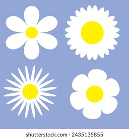 Camomile set. White daisy chamomile icon. Cute round flower plant collection. Love card symbol. Growing concept. Flat design. Blue, purple, green, pink background. Isolated