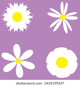 Camomile set. White daisy chamomile icon. Cute round flower plant collection. Love card symbol. Growing concept. Flat design. Blue, purple, green, pink background. Isolated