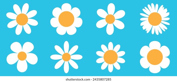 Juego de manzanilla. Icono de manzanilla margarita blanca. Linda colección de plantas de flores redondas. Símbolo de tarjeta de amor. Concepto creciente. Diseño plano. 