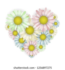 Camomile in the shape of a heart. Vector illustration. Valentine day. Multicolored flowers.