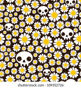 Camomile and skull seamless pattern. Vector texture.