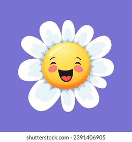 Sonrisa Chamomile personaje de la flor margarita. Caricatura lindo riéndose del personaje de la camomila con los ojos cerrados. Emoticon aislado de sangre vector positivo, cara graciosa de flor sonriente. Emblema de guardería infantil