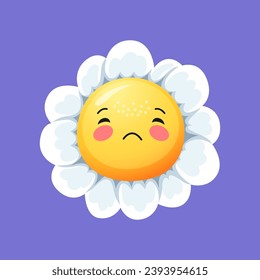 Camomile smile daisy flower character. Cartoon forlorn chamomile with drooping petals, wearing a frowning face, reflecting a poignant and melancholic mood. Emotive and charming floral vector personage