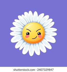 Camomile smile or daisy flower character, cartoon chamomile vector icon. Chamomile emoji emoticon with angry face or grim smile, daisy camomile floral baby character with angry expression