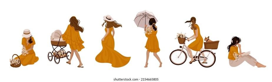 camomile summer vibes girls characters big vector set, mom with baby stroller, sun umbrella, bike with pug in  basket, woman reading a book, gathering flowers, running in fluttering dress, gardening