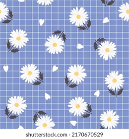 camomile vintage botanical seamless pattern background, blue color with grid texture, floral girly wrapping paper print, fabric and textile vector design