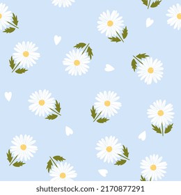 camomile vintage botanical seamless pattern background, pastel blue color with grid texture, floral girly wrapping paper print, fabric and textile design