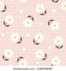 camomile vintage botanical seamless pattern background, pastel pink color with grid texture, floral girly wrapping paper print, fabric anf textile design