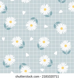 camomile vintage botanical seamless pattern background, pastel blue color with grid texture, floral girly wrapping paper print, fabric anf textile design