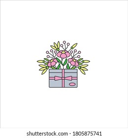 Camomiles in a box - flat color line icon on isolated white background. Bunch of wildflowers in a container - vector illustration in simple linear design.