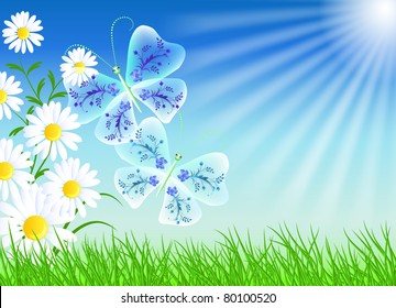 Camomiles, butterflies and blue sky