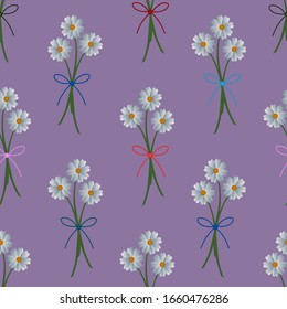 Camomiles. Delicate bouquet of white flowers. Repeating vector pattern. Isolated purple background. Snow-white daisies. Seamless summer ornament. Delicate floral background. Flat style. Flowering.