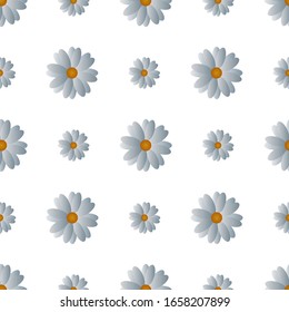 Patrón sin inconvenientes de delicados camómetros blancos. La decoración de las cintas. Vector. Flores sobre un fondo aislado. Idea para tapicería, cubierta, textil, pared. Impresión de primavera. Estilo de caricatura. 